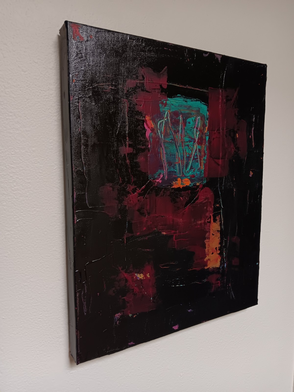 Small abstract original black turquoise blue pink red ochre «Beneath The Stars»