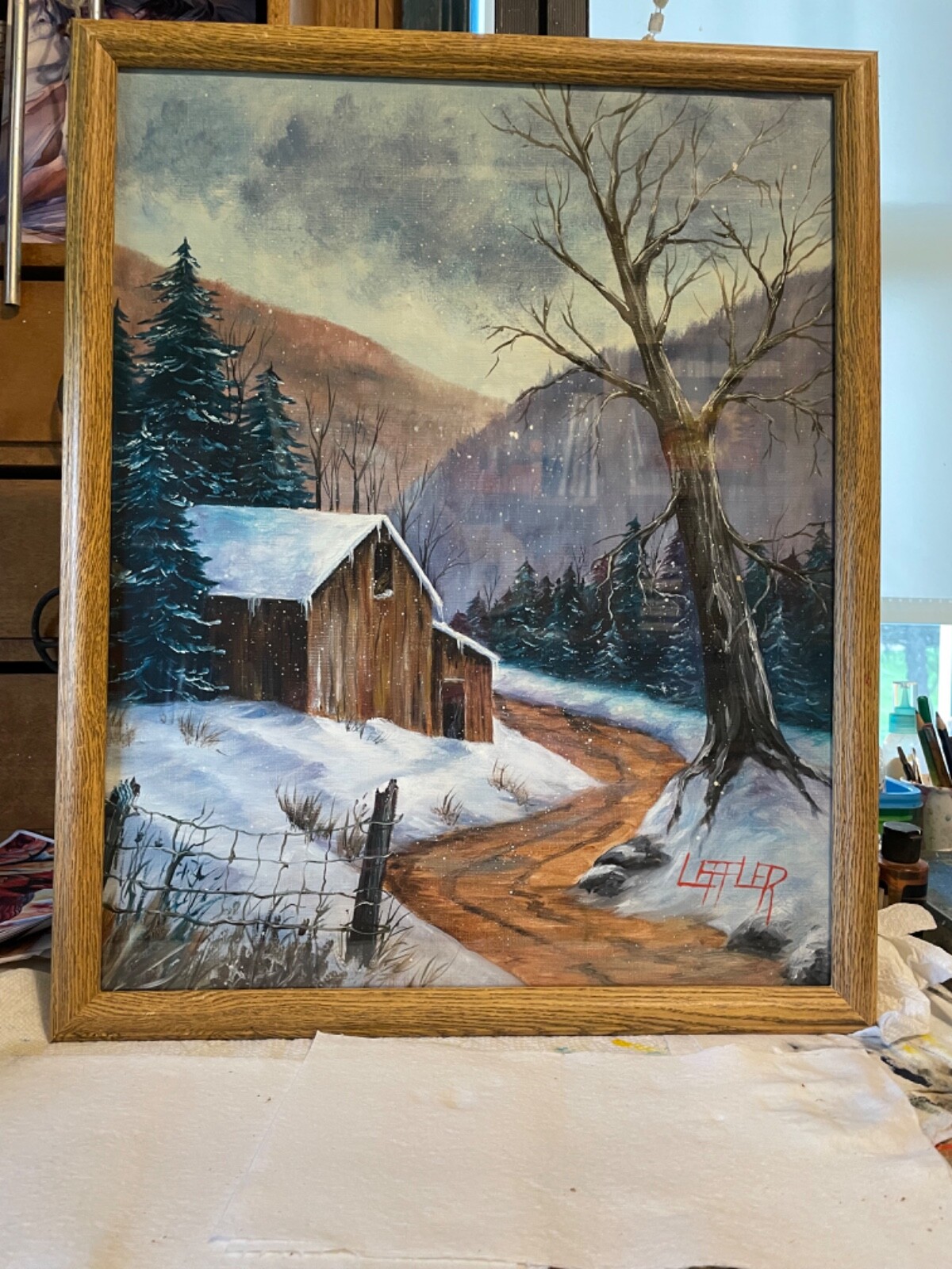 16 x 20 Original Framed Oil Painting on Canvas Paper: Winter Barn