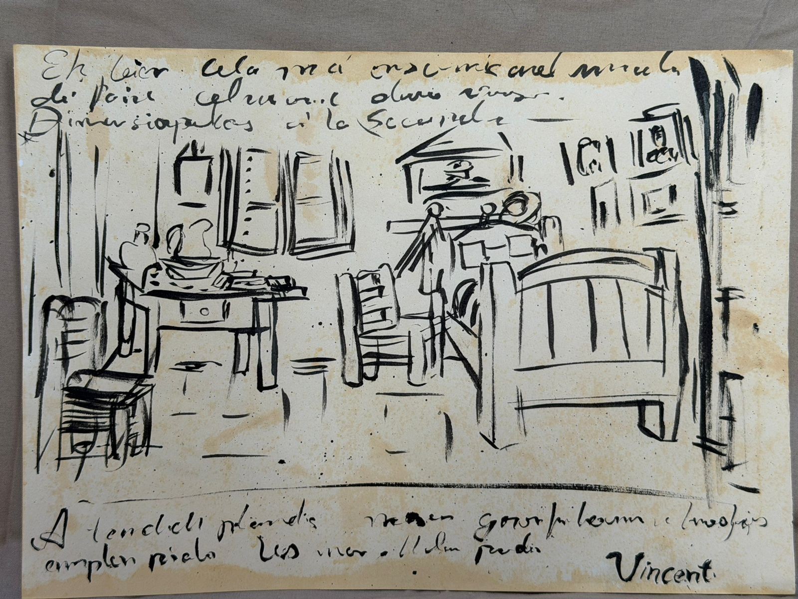 VINCENT VAN GOGH drawing and painting on old paper signed stamped vintage