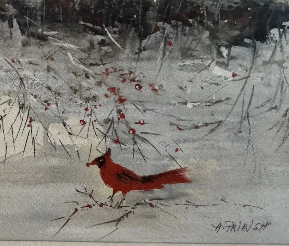Cardinal Bird Winter Scene Original Watercolor Painting Sign Ann Pribish 19×15”