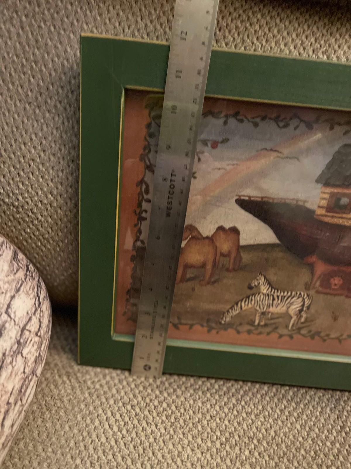 framed artwork – Noah’s Ark painting – green wood border approx 24 x 12