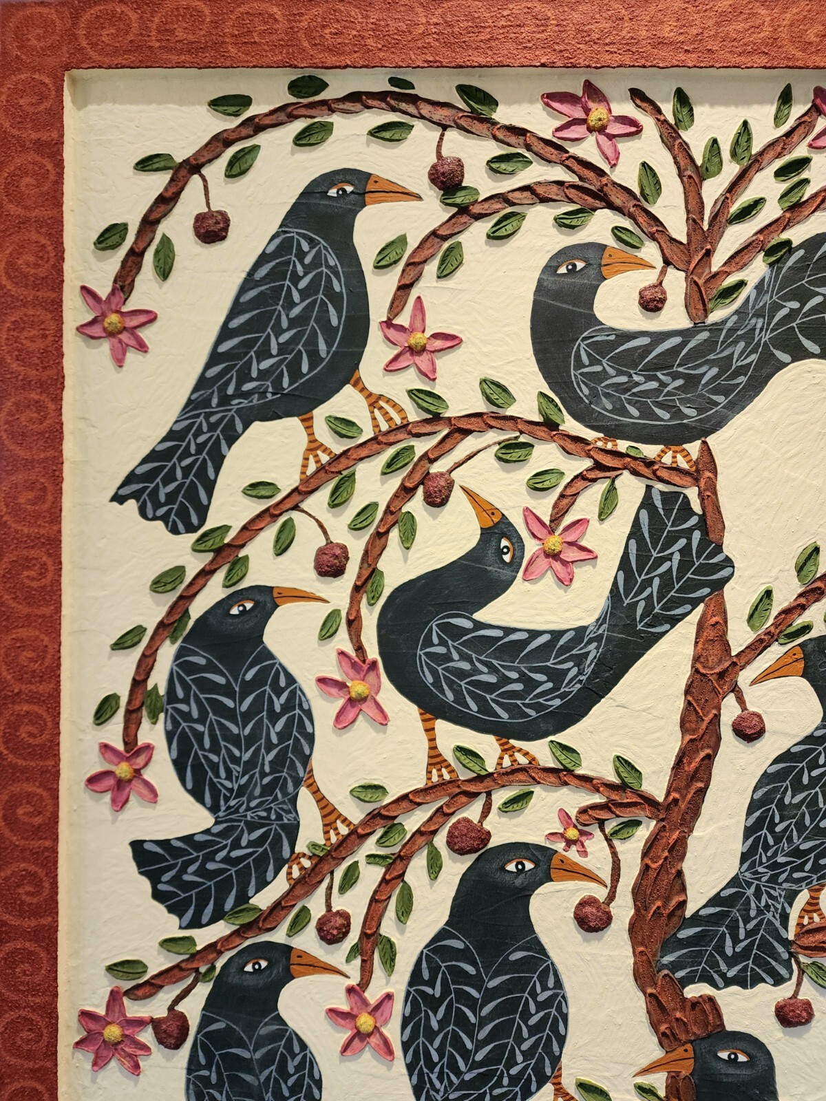Danette Sperry Southern Primitive Crow Bird Folk Art Painting «Cherry Paradise «