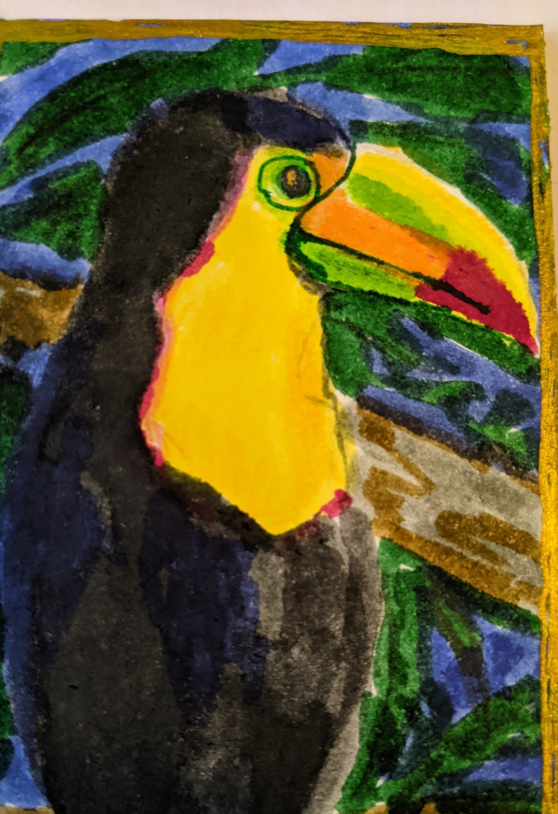 ACEO Original watercolor Painting markers Signed Bright Toucan markers