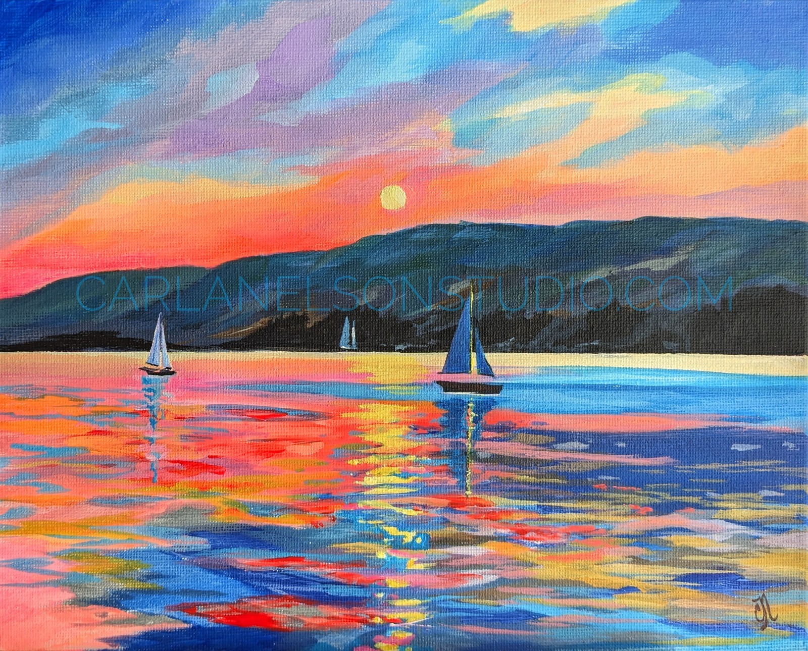 Original Canvas Painting. Ocean Sunset. Sailboats & Mountain Coastline. OOAK