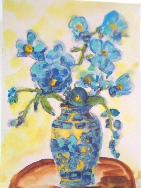ATC ACEO – PRETTY BLUE ORCHID FLOWERS IN A VASE Still Life Painting Art
