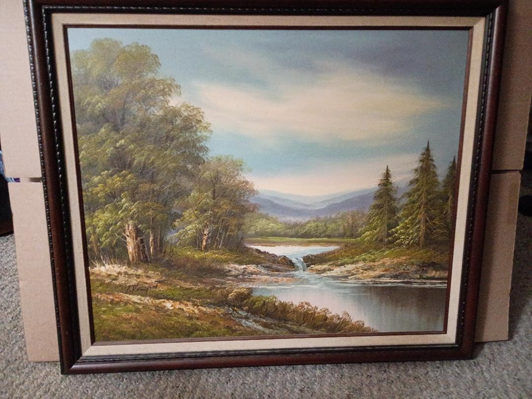 Vintage Oil Painting wood Framed Signed Forest Mountains and Lake 24″ X 21″