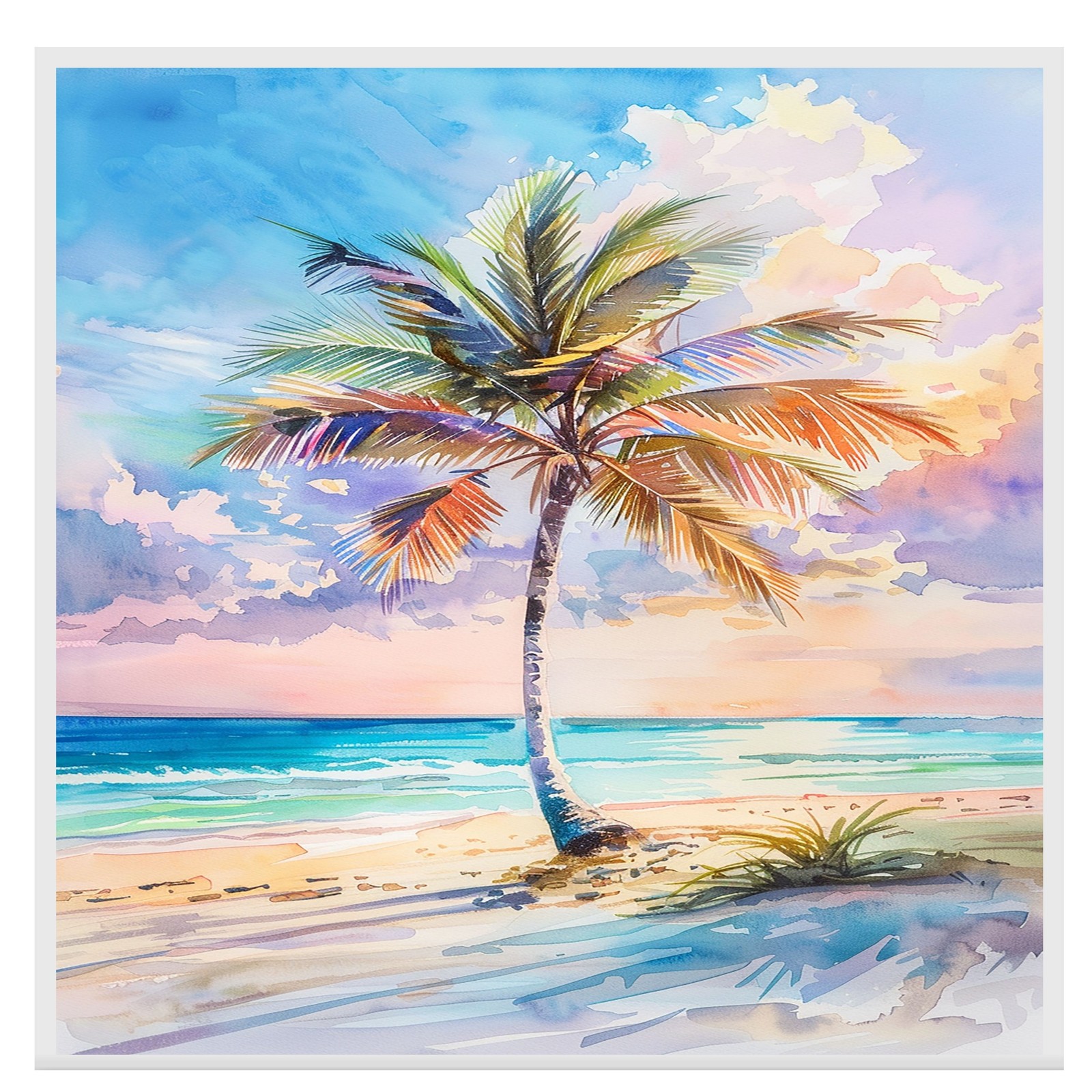 Tropical Beach Sunset with Colorful Palm Tree Watercolor Painting Ocean Canvas