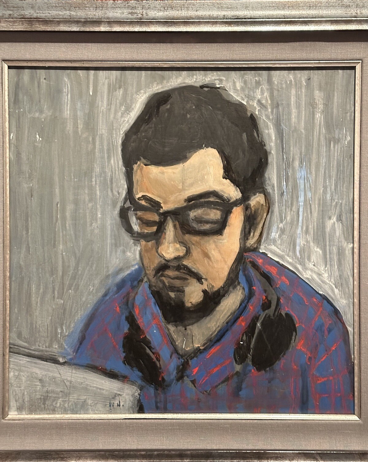Portrait Man “In the studio” Mixed Media Painting / Paper Myst. Artist Framed