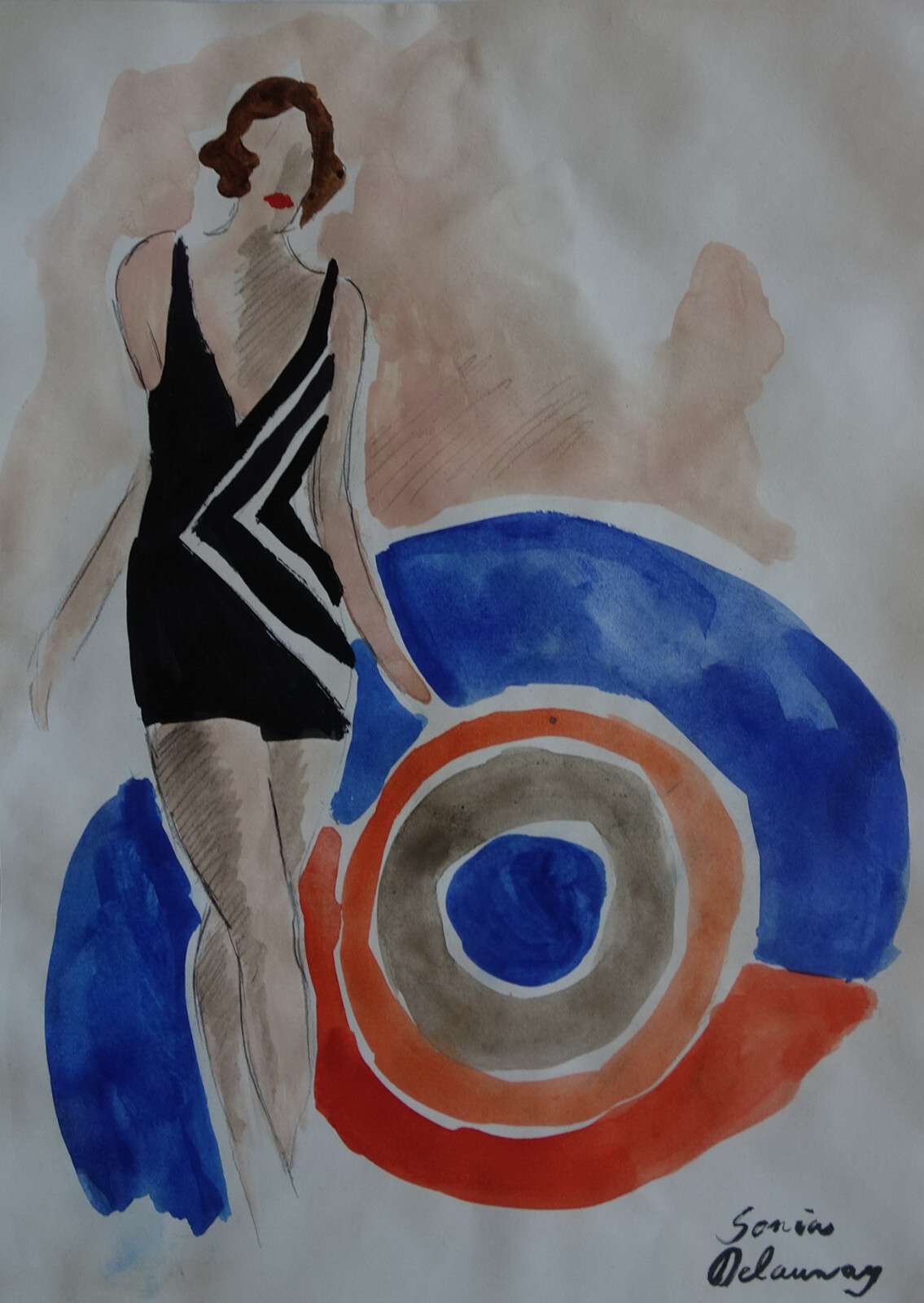 Rare unique French Cubist painting, Woman, signed Sonia Delaunay
