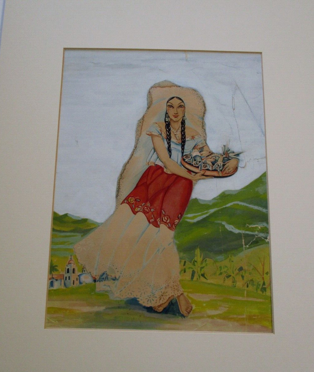 ANTIQUE MEXICAN PAINTING PRETTY WOMAN WOMEN LANDSCAPE FRUIT BASKET ILLUSTRATION