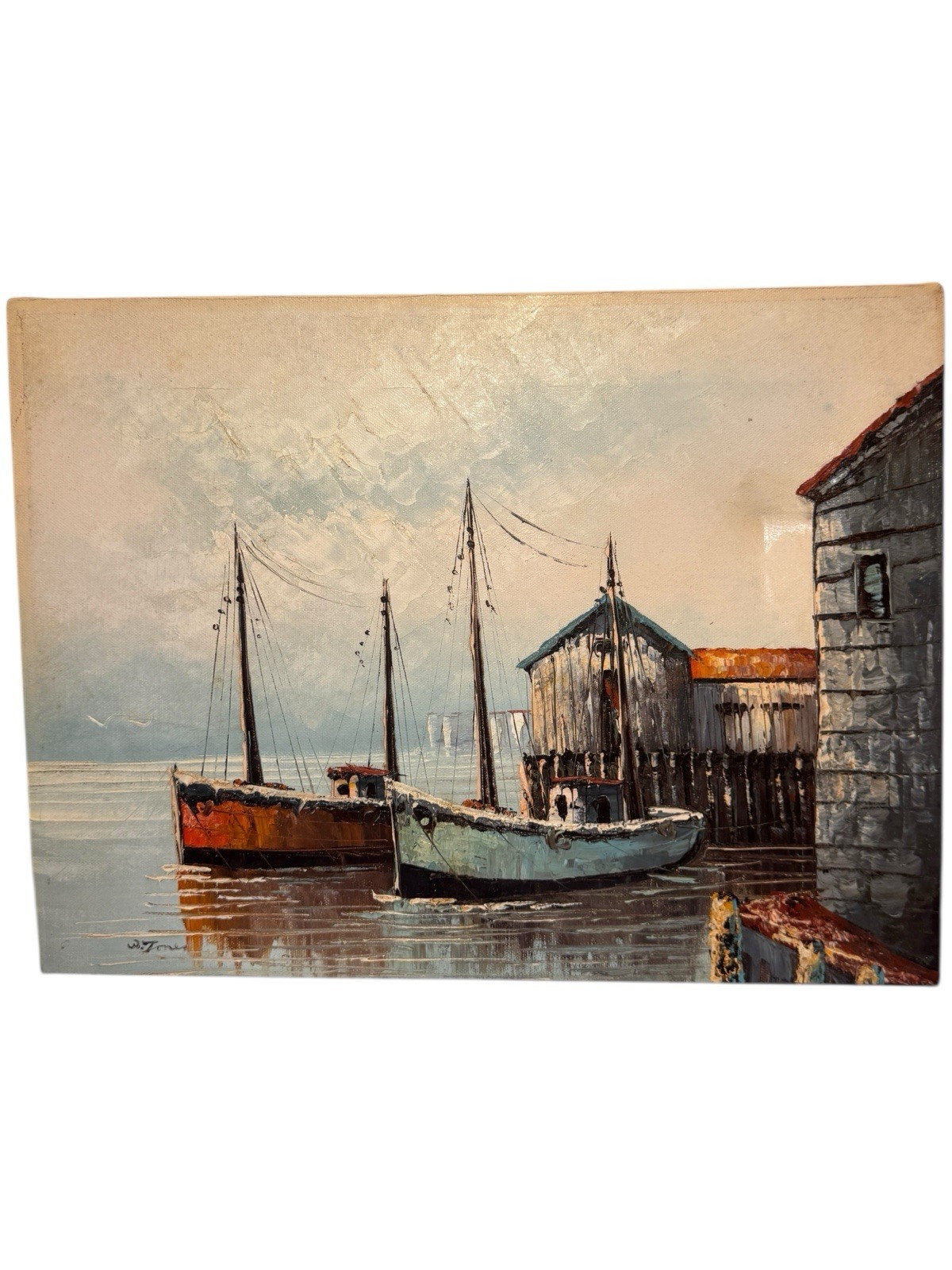 1960s Oil Painting Nautical Fishing Boat Harbor Dock Signed W Jones 16 X 12”