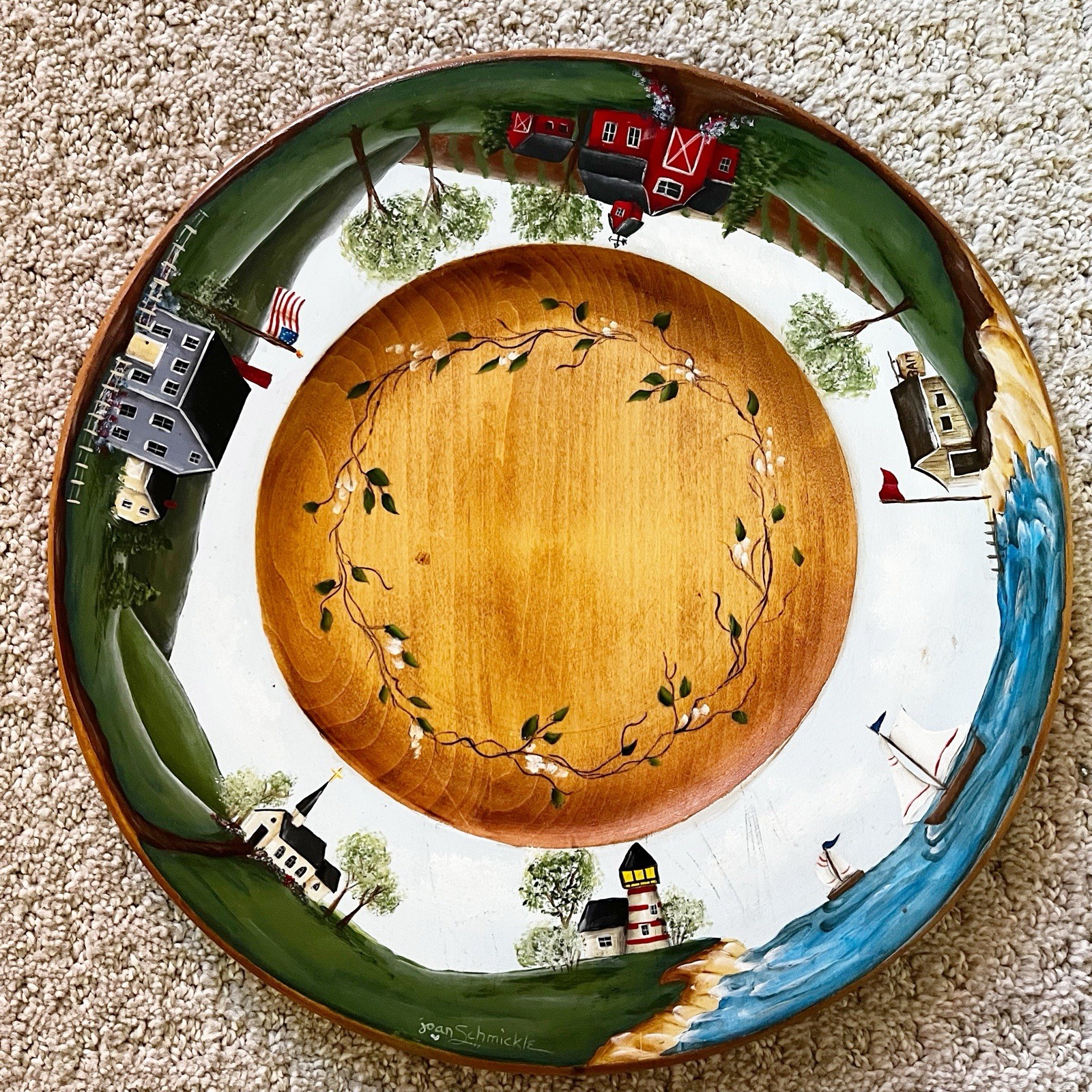 Hand Painted Wooden Plate Folk Art Coastal Village Nautical Americana Harbor