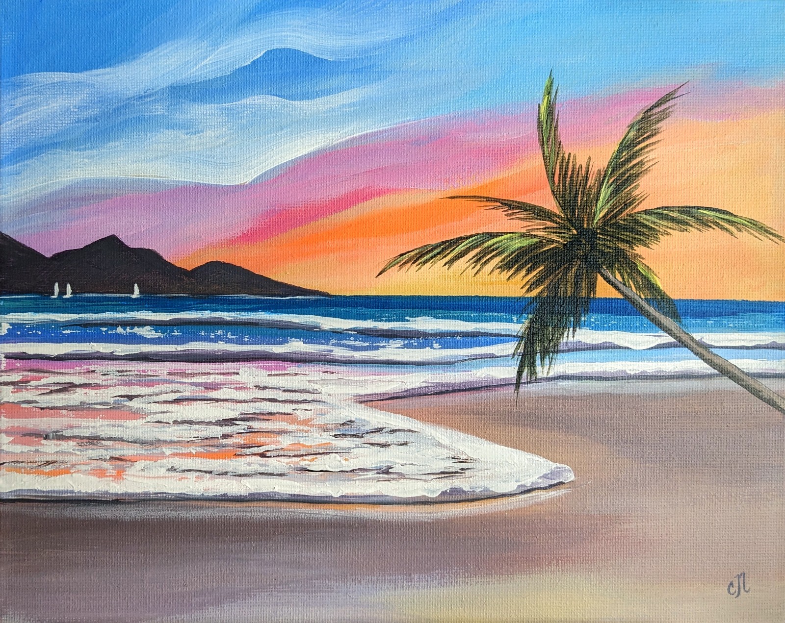 Tropical Beach. Original Painting On Canvas. Coastline Landscape. Ocean Sunset