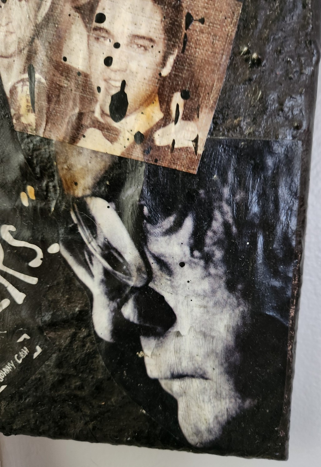 Large Johnny Cash Acrylic Canvas Collage Art. Heavily Textured & Burned! 16X20