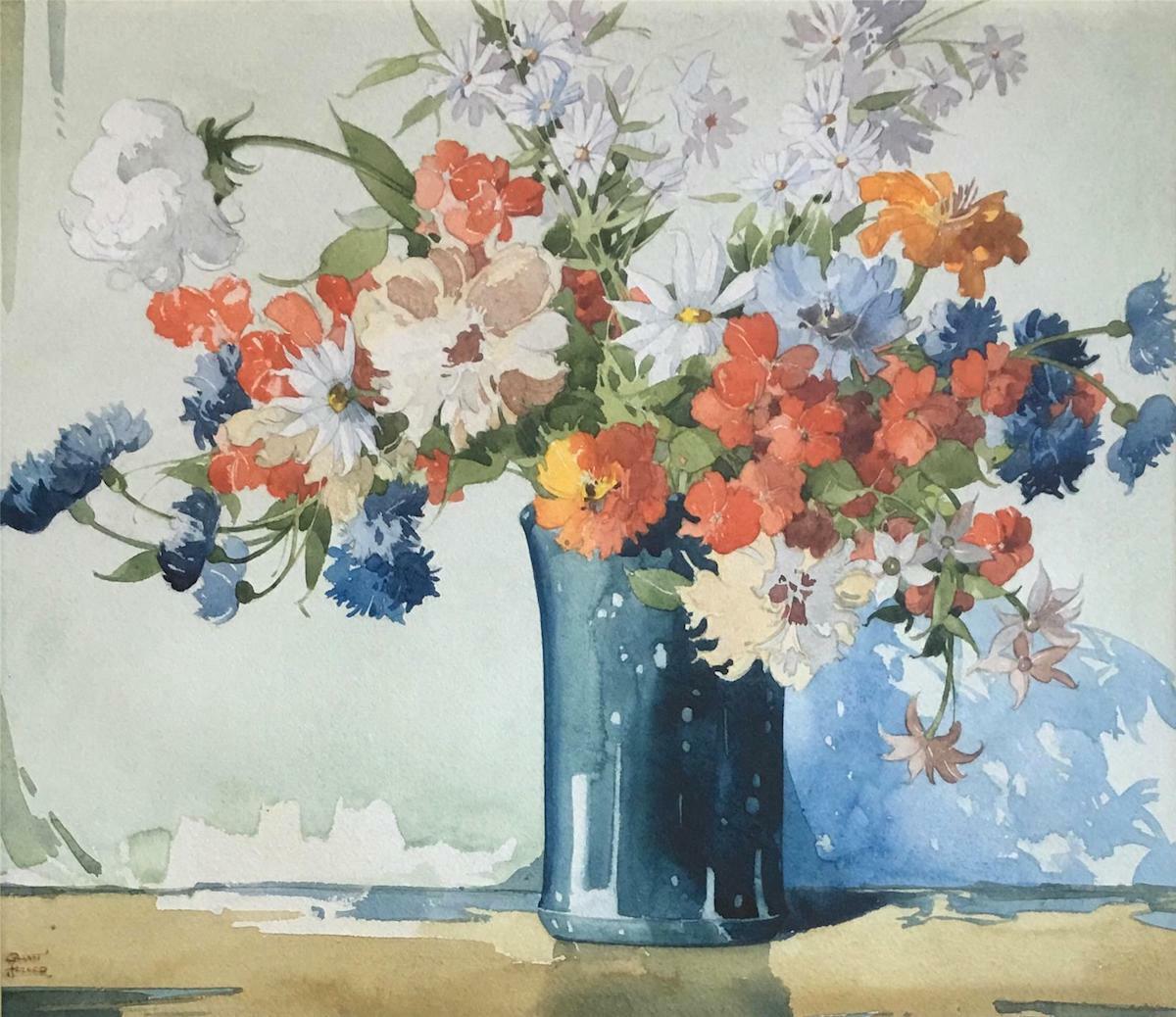Garnet Hazard -Ontario, Canada -Flowers in Blue Vase -Large Framed Watercolor