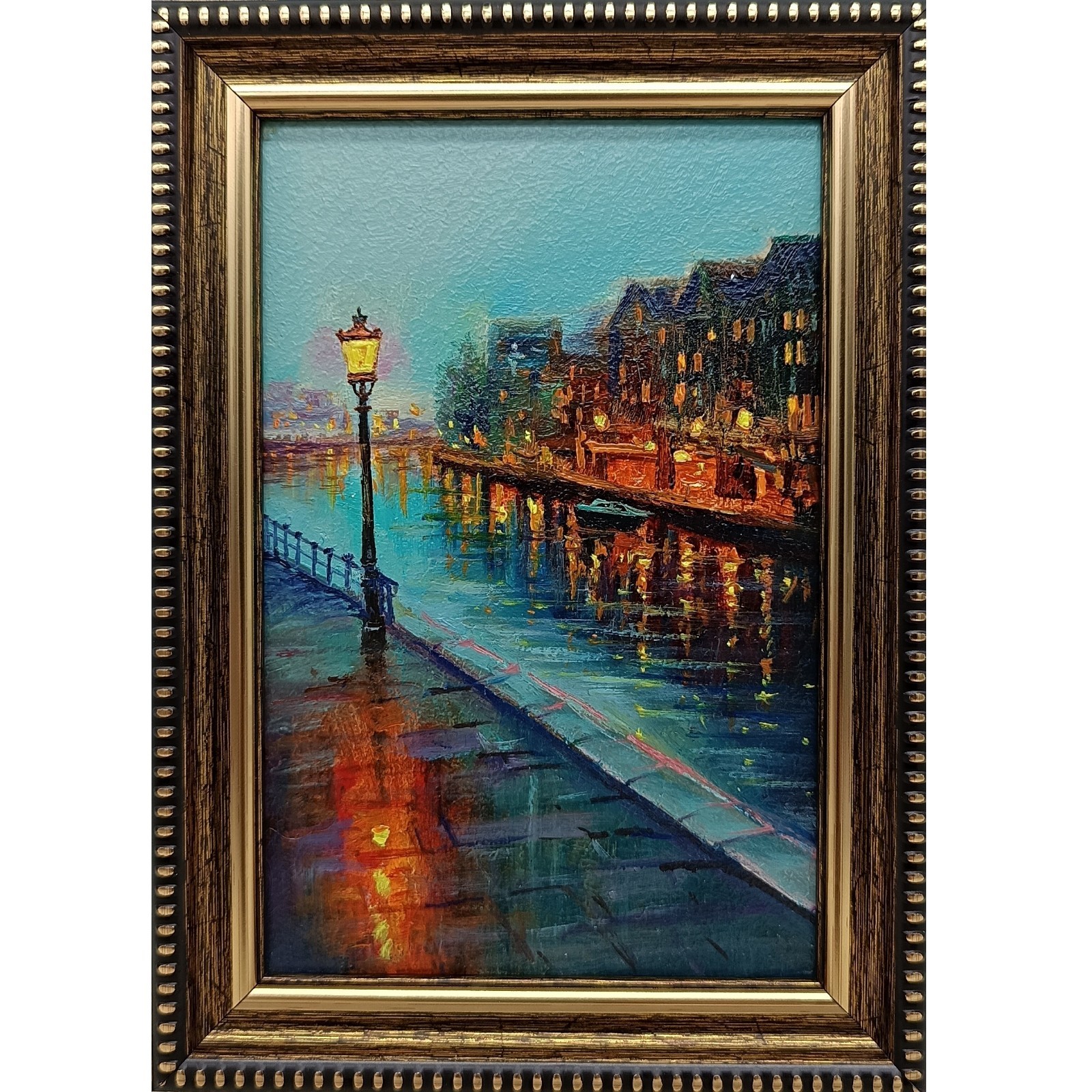 Cityscape Original Oil Painting 4×6 Framed Signed Rainy City Street Lantern Art