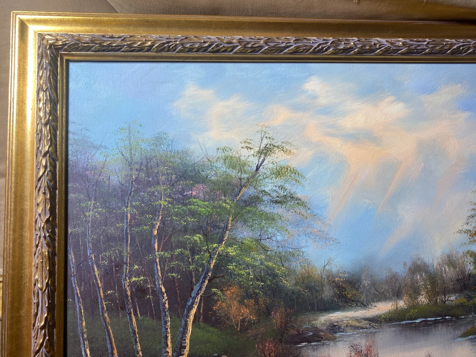 «River And Forest Landscape Scene» Oil On Canvas Painting – Framed