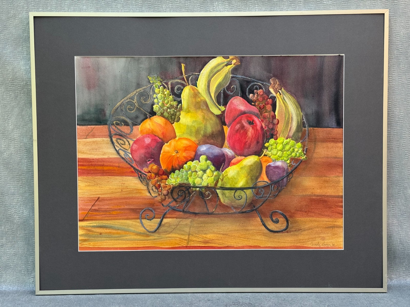LARGE WATERCOLOR PAINTING SIGNED CONOLY GRAYER? ILLEGIBLE 2002 STILL LIFE FRUITS
