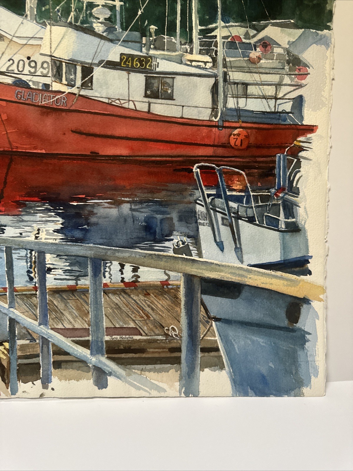 AMERICAN REGIONALISM PAINTING BOAT DOCK MARINA PORT JUNE MALAKA LISTED VINTAGE