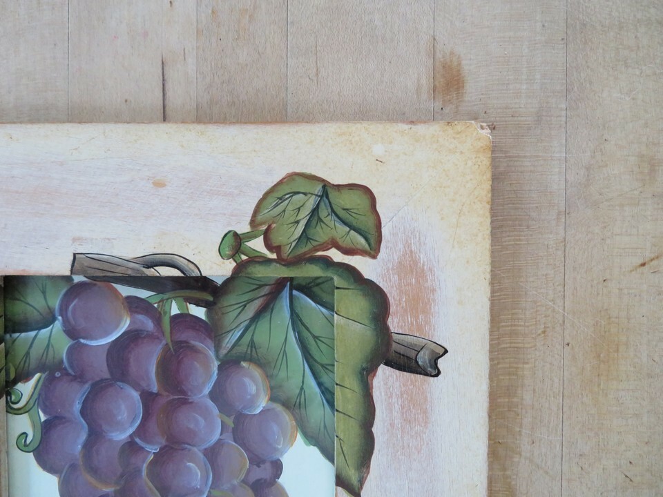 grapes VINTAGE Painting wood Original Signed artist shabby chic frame kitchen  