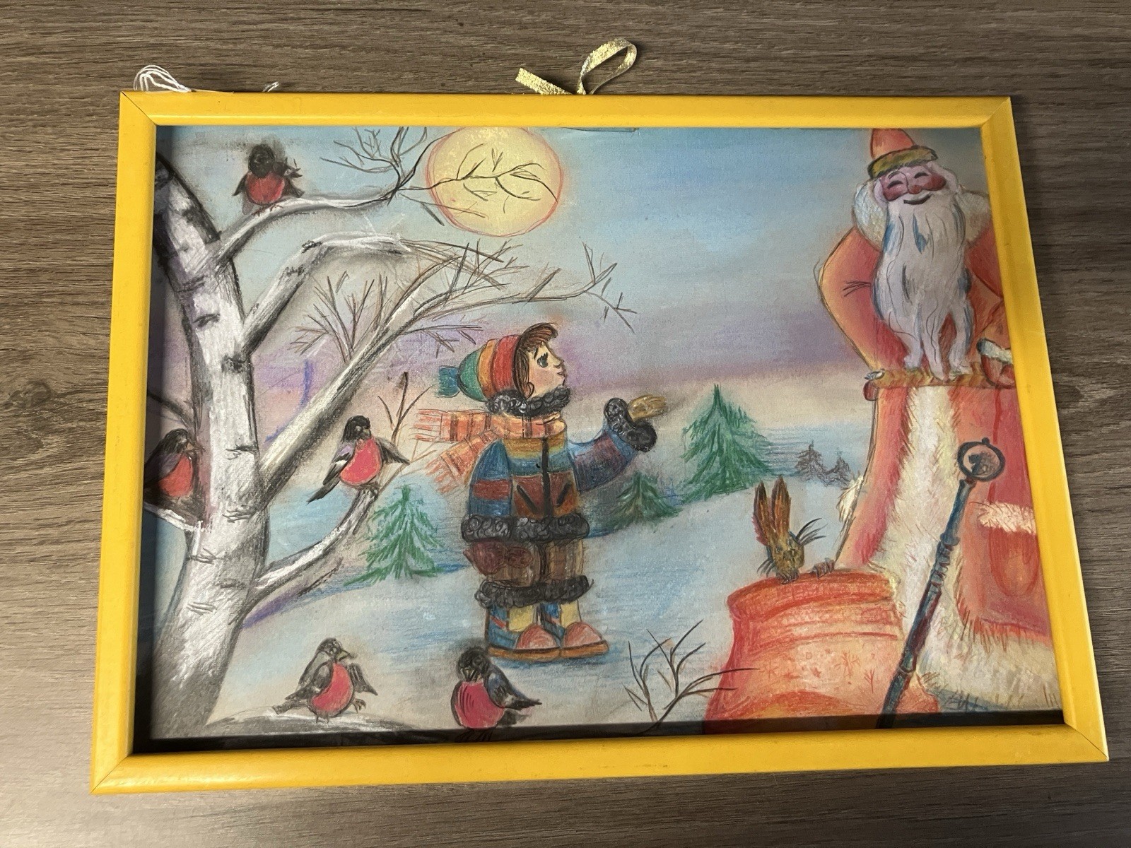 1993 Santa Folk Art Framed Rustic Primitive 14×10” Cardboard Colored Pencil OOAK