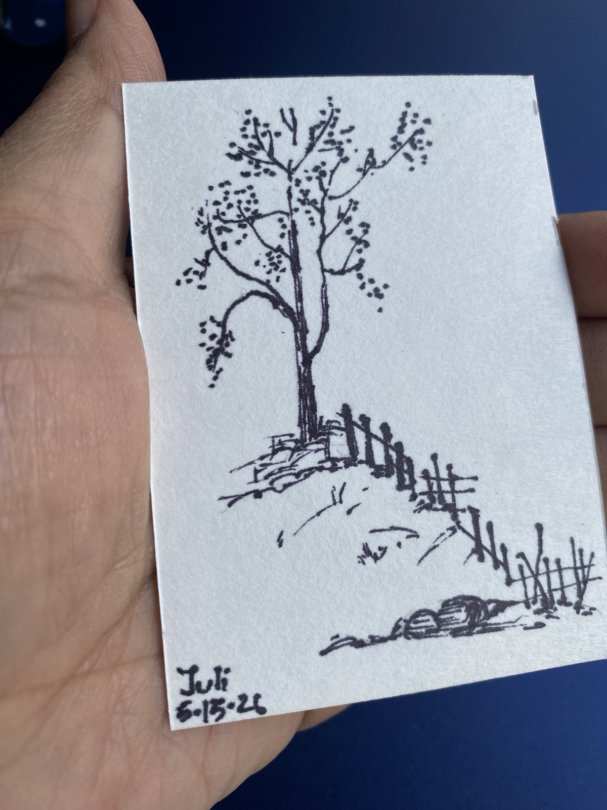 ACEO Original Art, Tiny Art, ATC Card Ink Sketch Signed Tree Hill Village