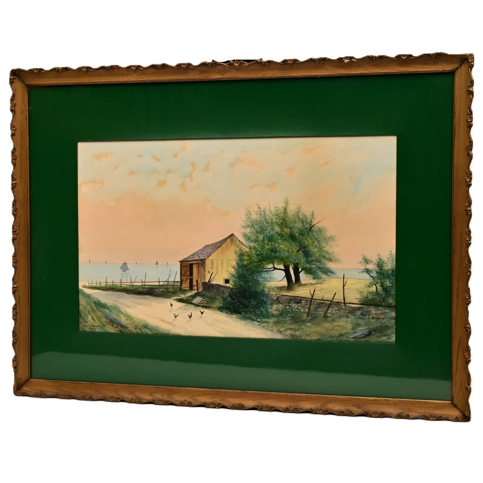 TSCHUSCHKE Original Vintage Signed 19thC House Barn Seascape Watercolor Painting