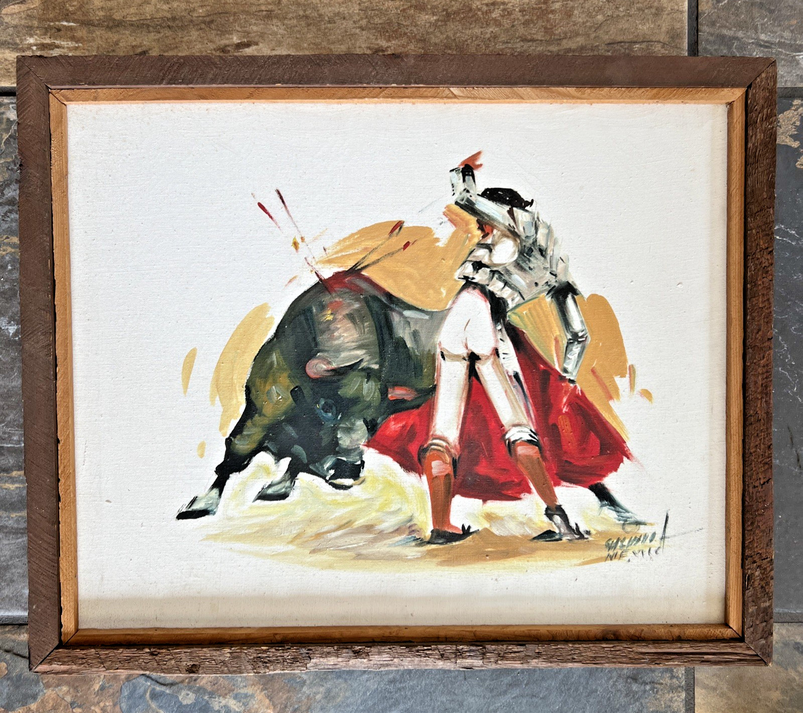 VTG MCM SIGNED ORIGINAL MATADOR BULL FIGHTING PAINTING by ARTIST CALINDOR MEXICO