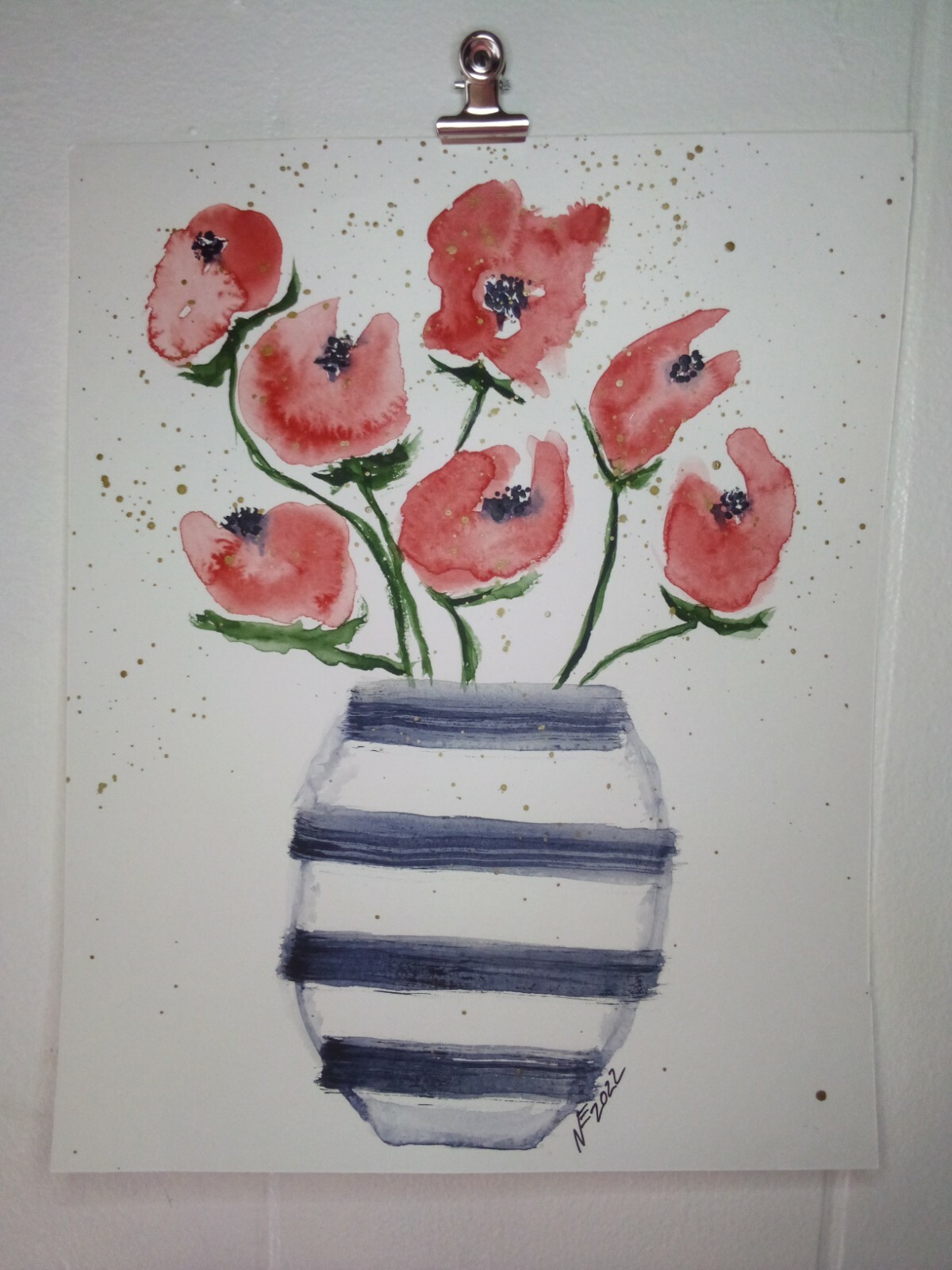 8×10 watercolor original painting botanical flower tulip floral poppy rose vase