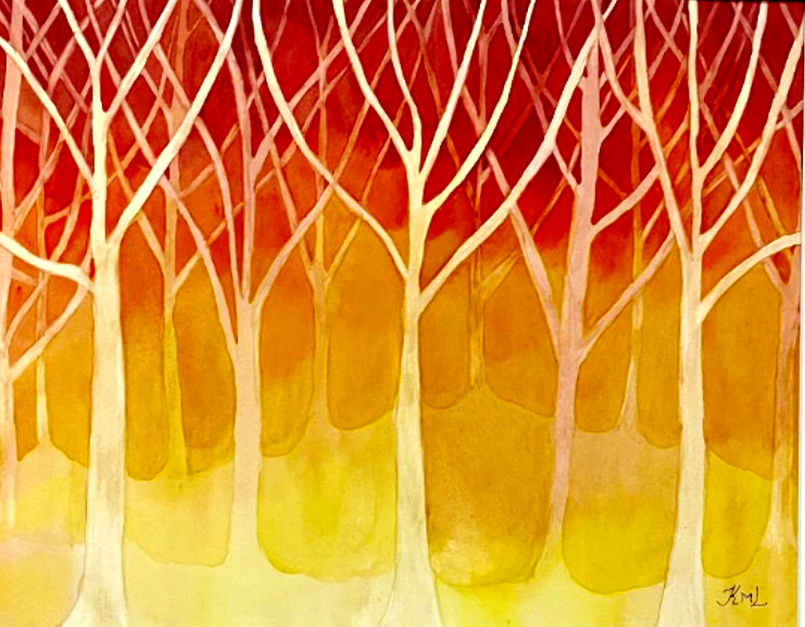 PAINTING WATERCOLOR ART FALL TREES ORANGE YELLOW 11X14 & DOUBLE WHITE MAT 16X20