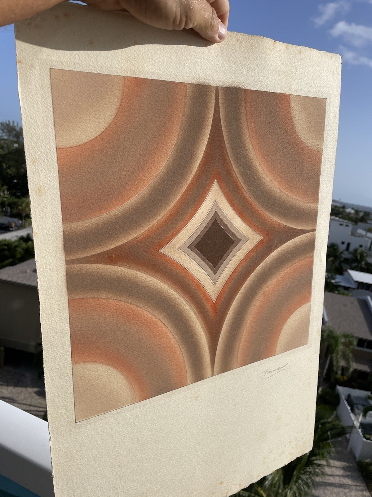 diamond shape geometric Vasarely style watercolor painting signed 1970