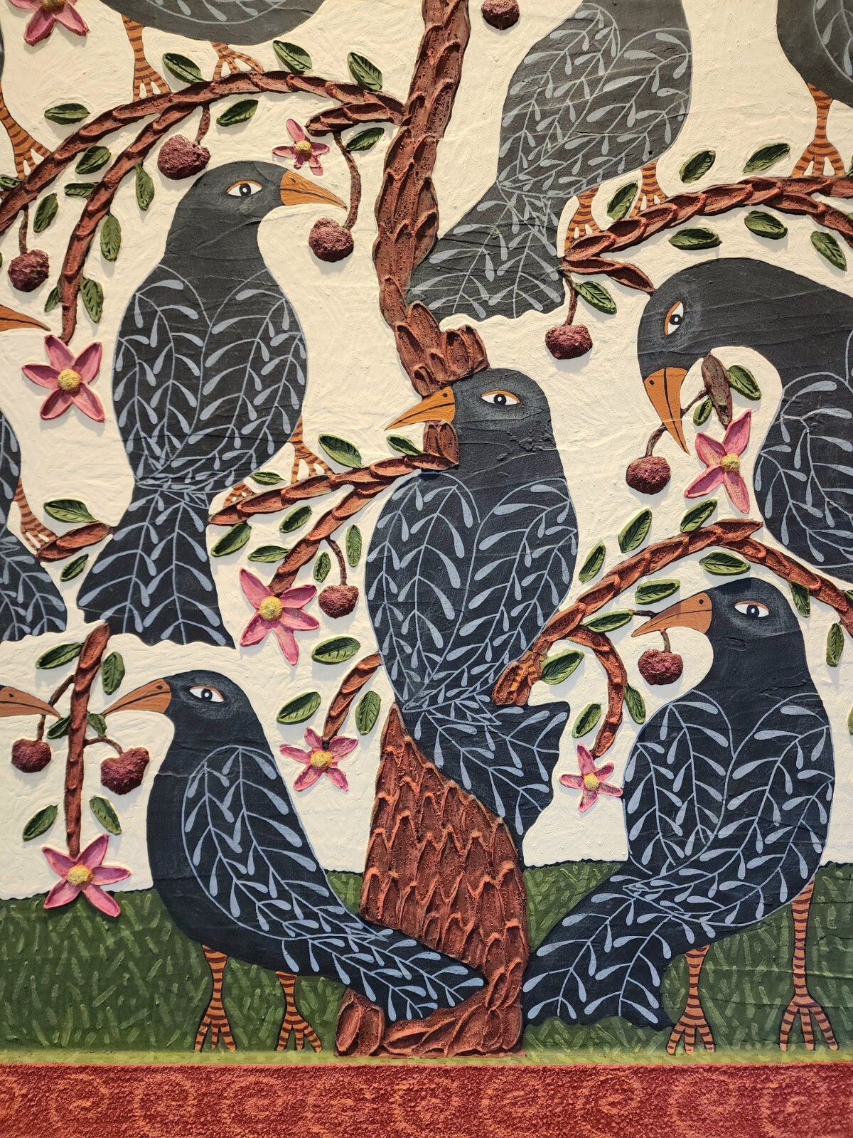 Danette Sperry Southern Primitive Crow Bird Folk Art Painting «Cherry Paradise «