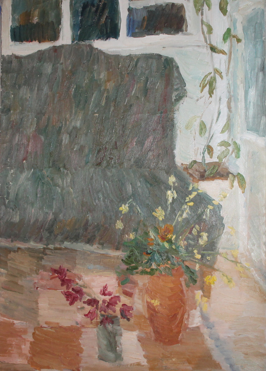 1982 European oil painting still life with flowers signed