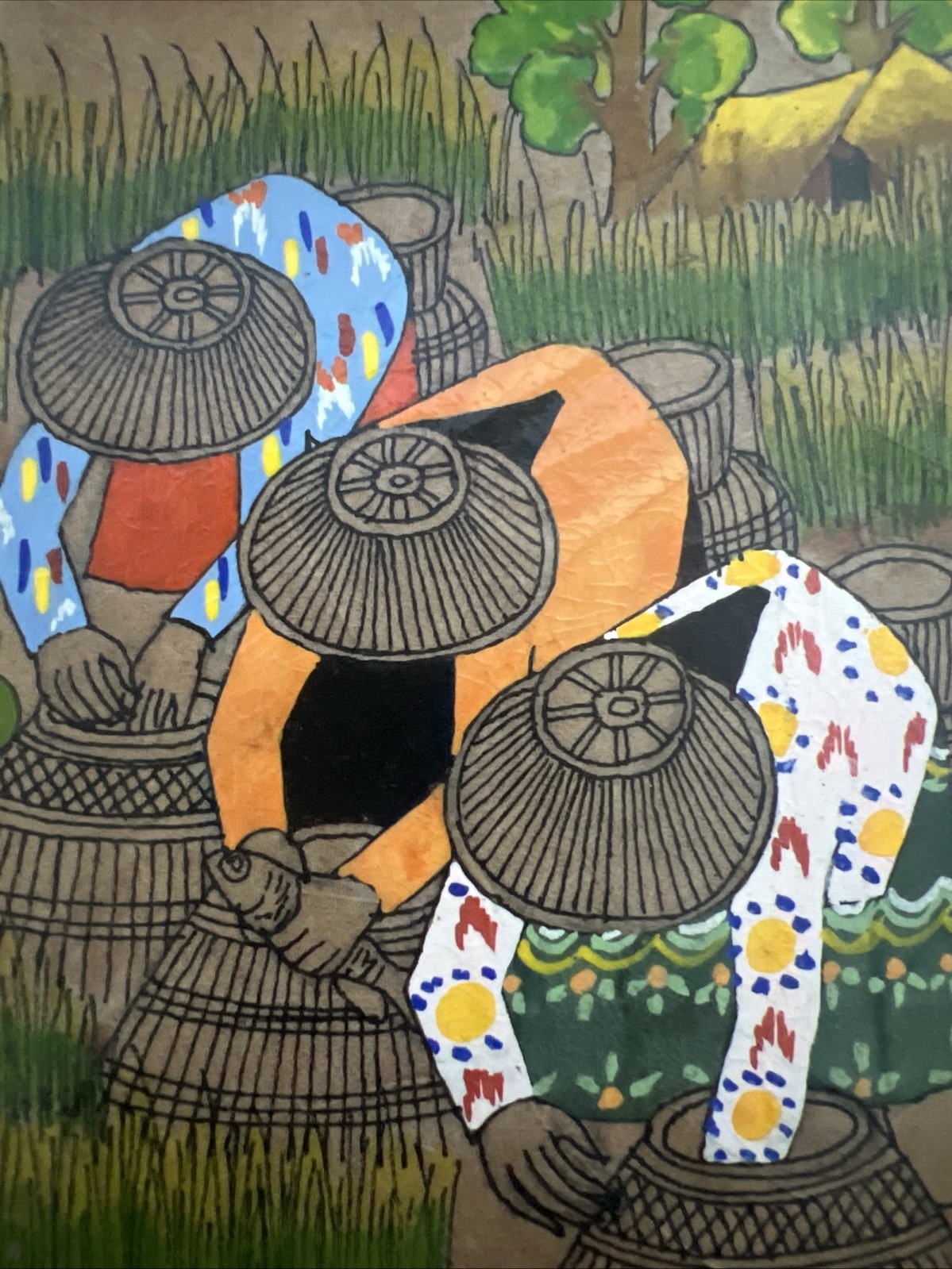 Asian Thai Expressionist Leaf painting-Artist Thanom-Vintage-MCM