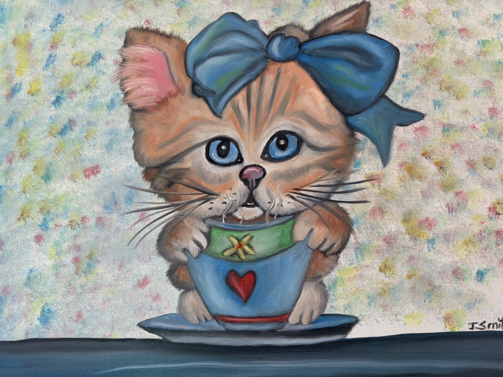 Original oil painting 11 x 14 inches cute and sweet cat kitten with coffee cup
