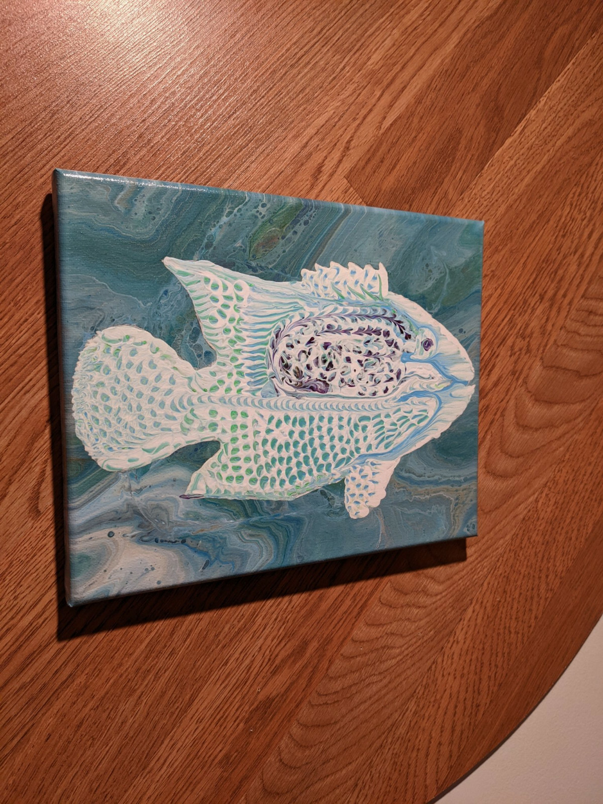 Original Acrylic Fluid Pour Painting of Fish, Title White Damsel, 8×10 Canvas