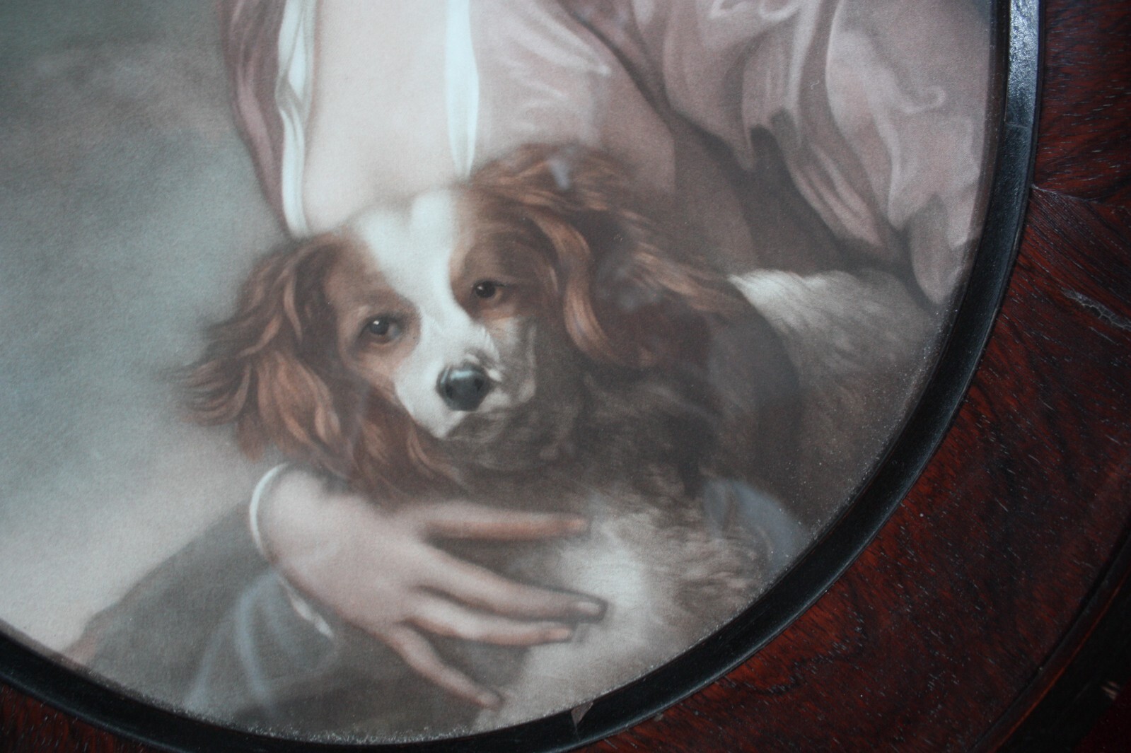 * ANTIQUE VICTORIAN PORTRAIT WITH SPANIEL DOG ORIGINAL BURLED WOOD FRAME NICE *