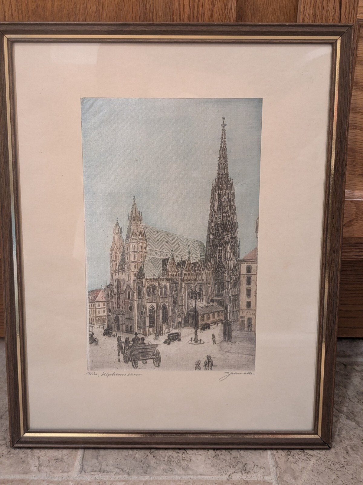 ::STEPHANSDOM WIEN ÖSTERREICH KOLORIERTE RADIERUNG SIGNIERT ANTIK RAHMEN KUTSCHE