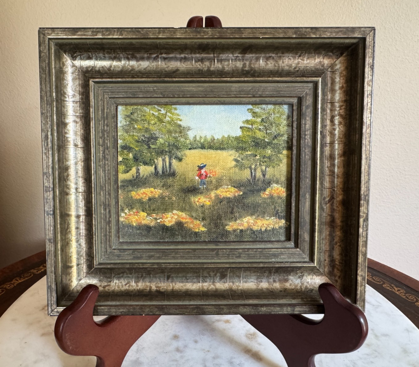 Framed Original Artwork Oil on Canvas Girl in a Field of Flowers 7″ X 8″ Framed