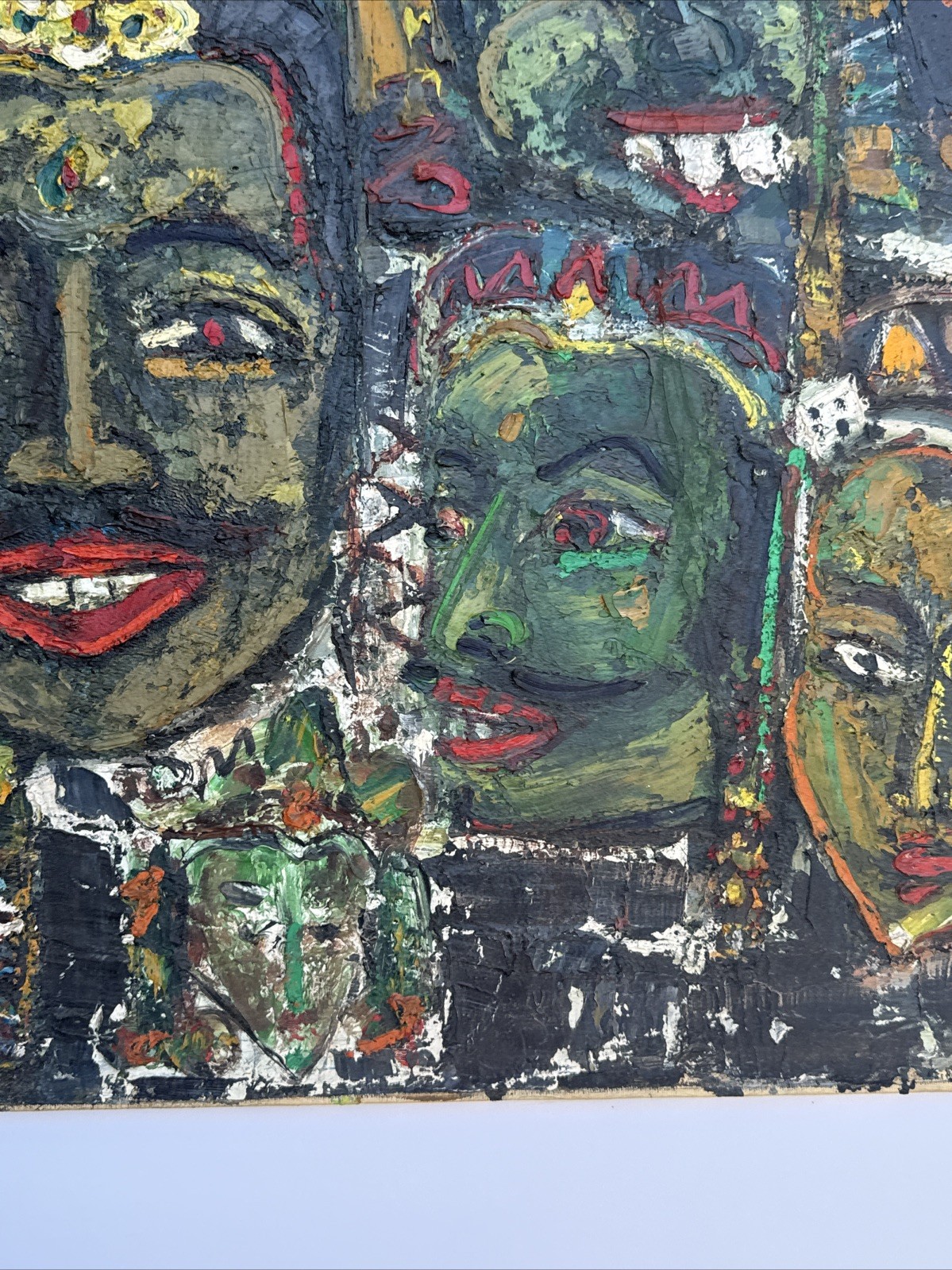 MID CENTURY PAINTING PORTRAIT ABSTRACT MODERNIST FACES HEADS ASIA INDIA MYSTERY