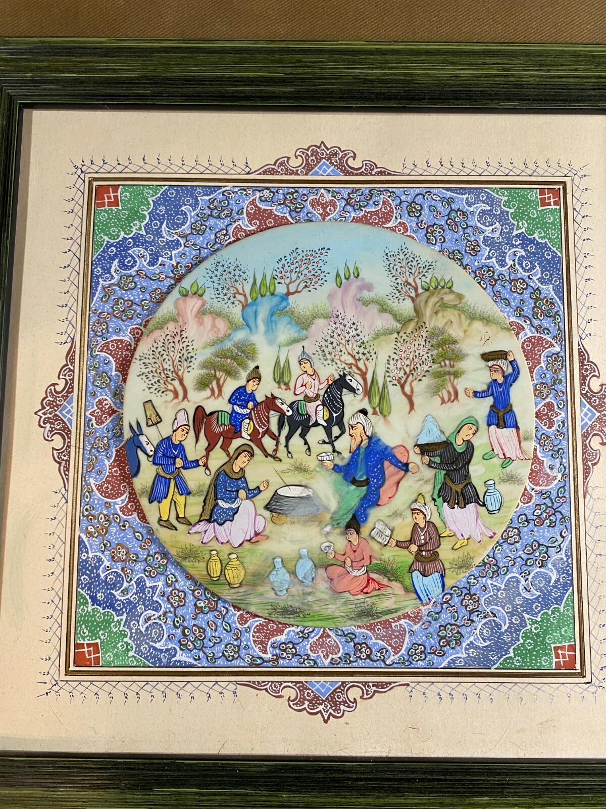 «Persian Figures Scene» Gouache On Bone & Paper Painting With Decorated Matte