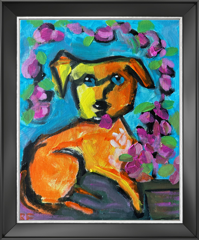 Original Acrylic Dog Painting 8×10 Contemporary Folk Art Animal Floral Painting