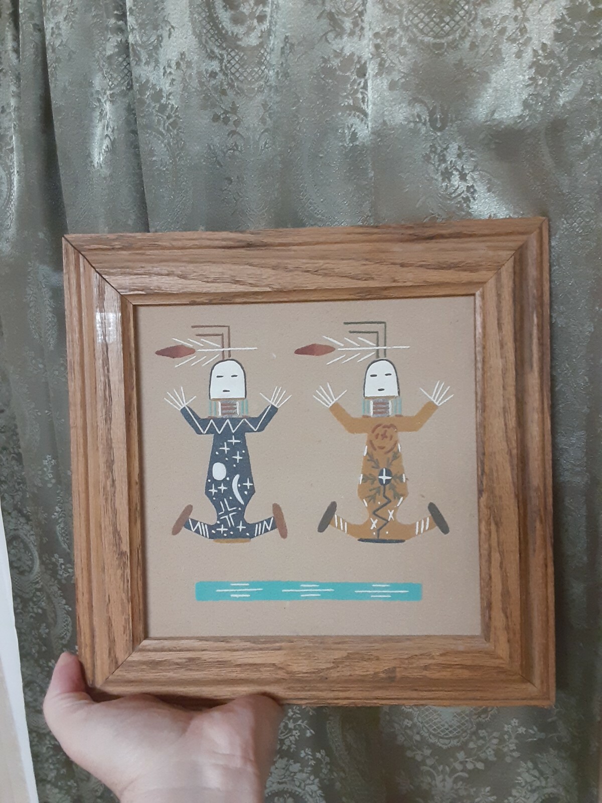 Folk Art Vintage Native American Navajo Framed Sand Painting J. Begay Earth Sky