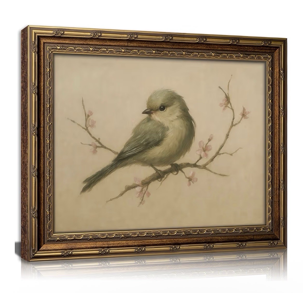 Vintage Gold Framed Wall Art Spring Bird Cherry Blossom Print 11×9 Rustic Bird