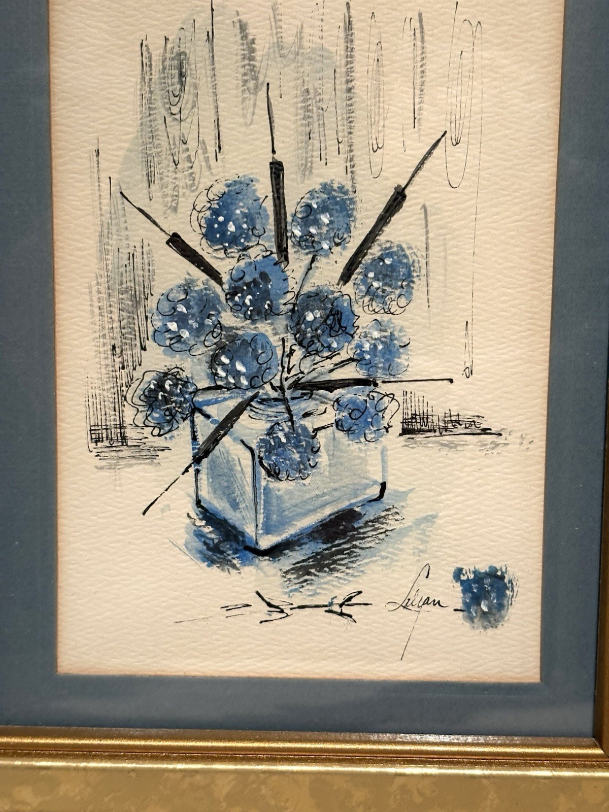 Original Vtg Small Watercolor Painting Gold Framed Art Blue Flowers Floral 9×7