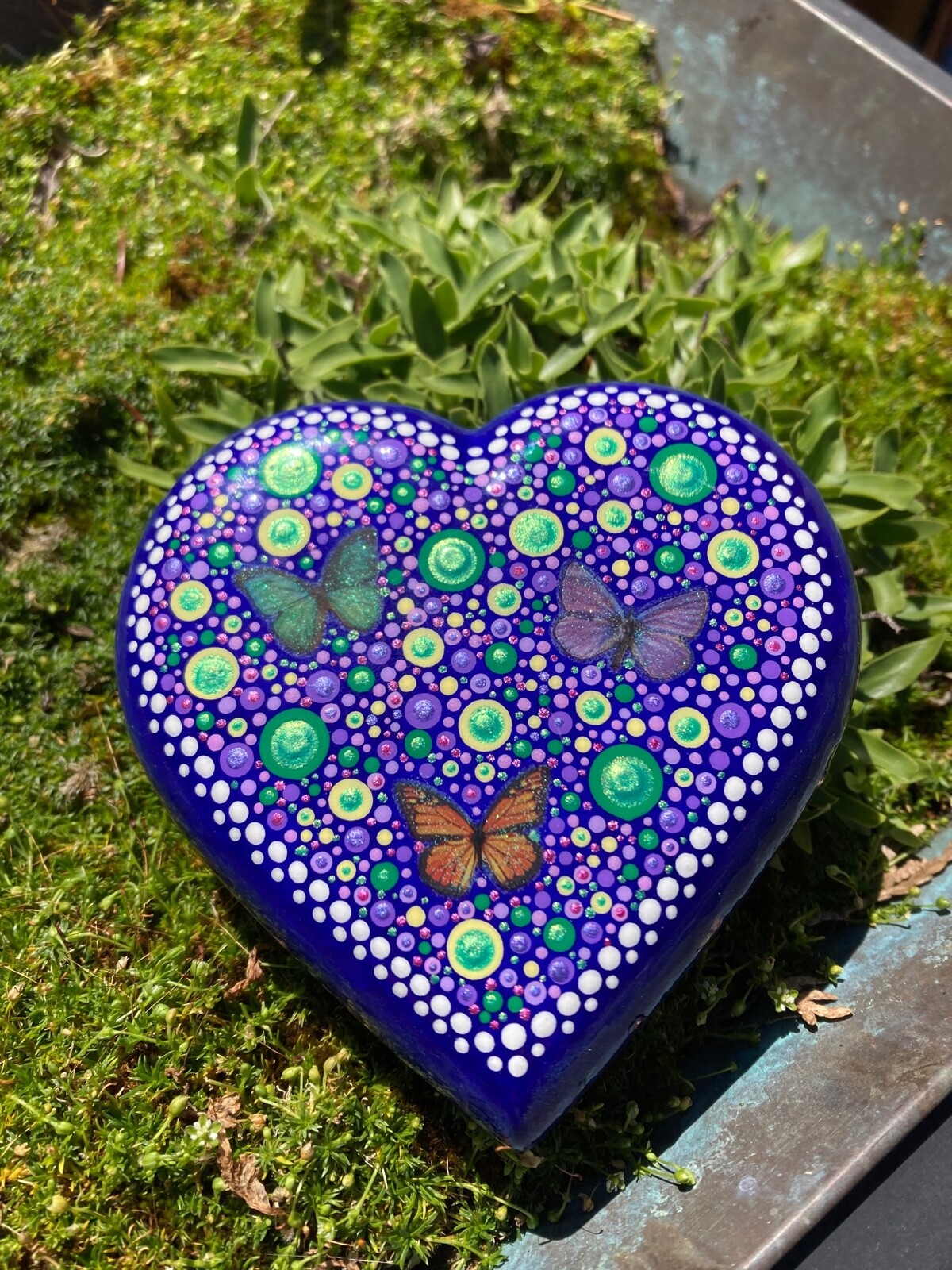 Butterfly Heart Dot Painted Rock in shades of Blue, Purple, Pink, Green, Yellow