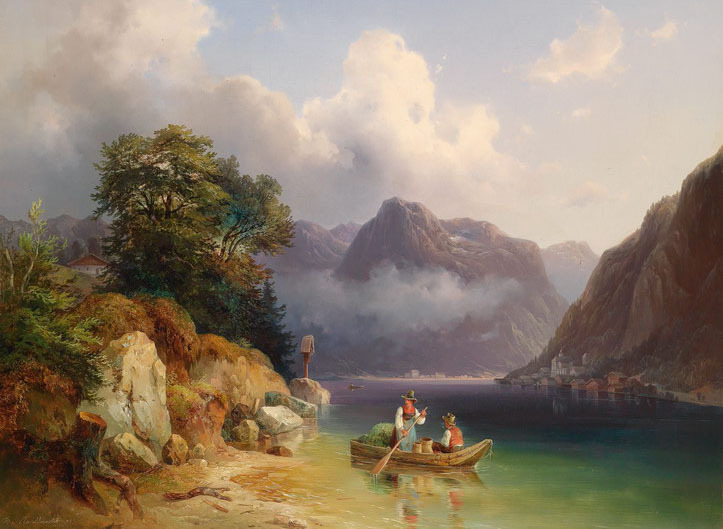 Stunning Oil painting farmers boating on the river with mountains in sunset view