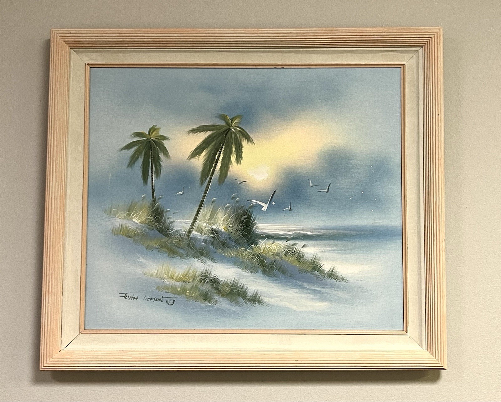 Original 90s Vintage Lrge Sunlit Palms SIGNED J Lemon Seascape FRAMED Peach/Blue