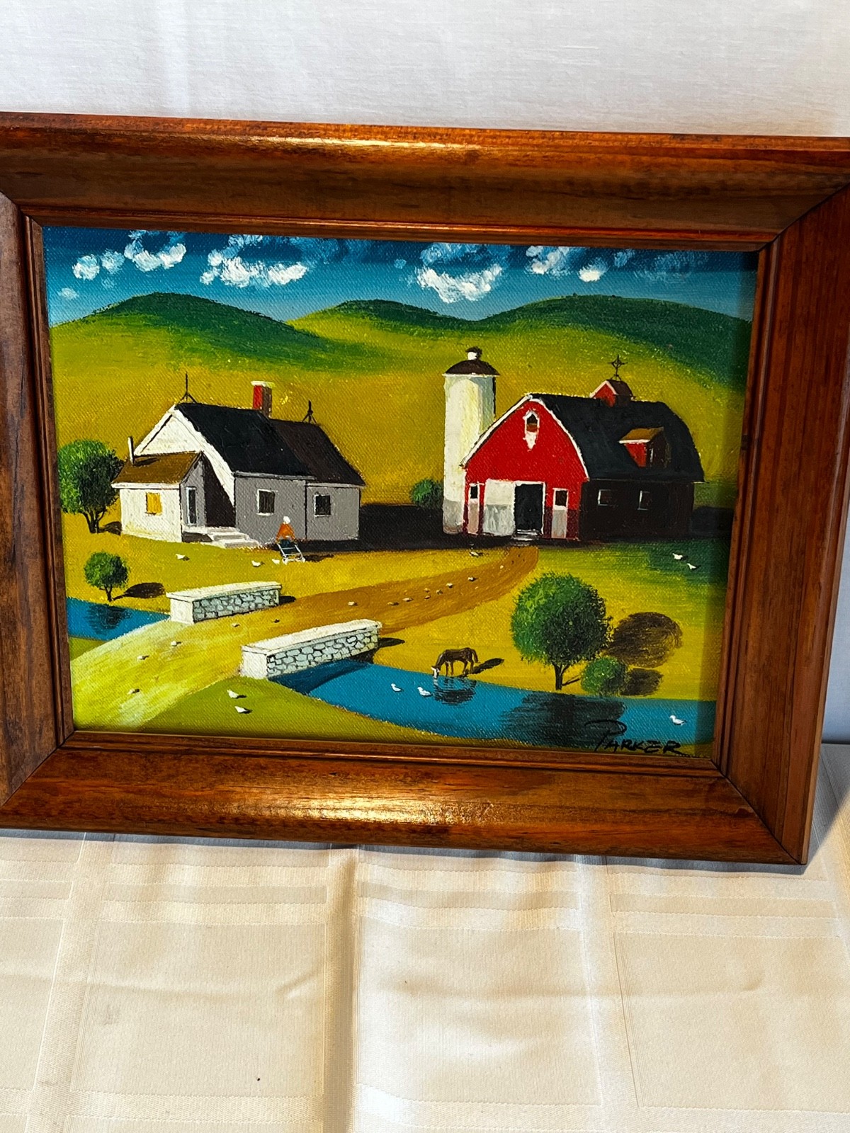 Folk Art Farm Landscape Painting Signed Parker Rustic Country Scene