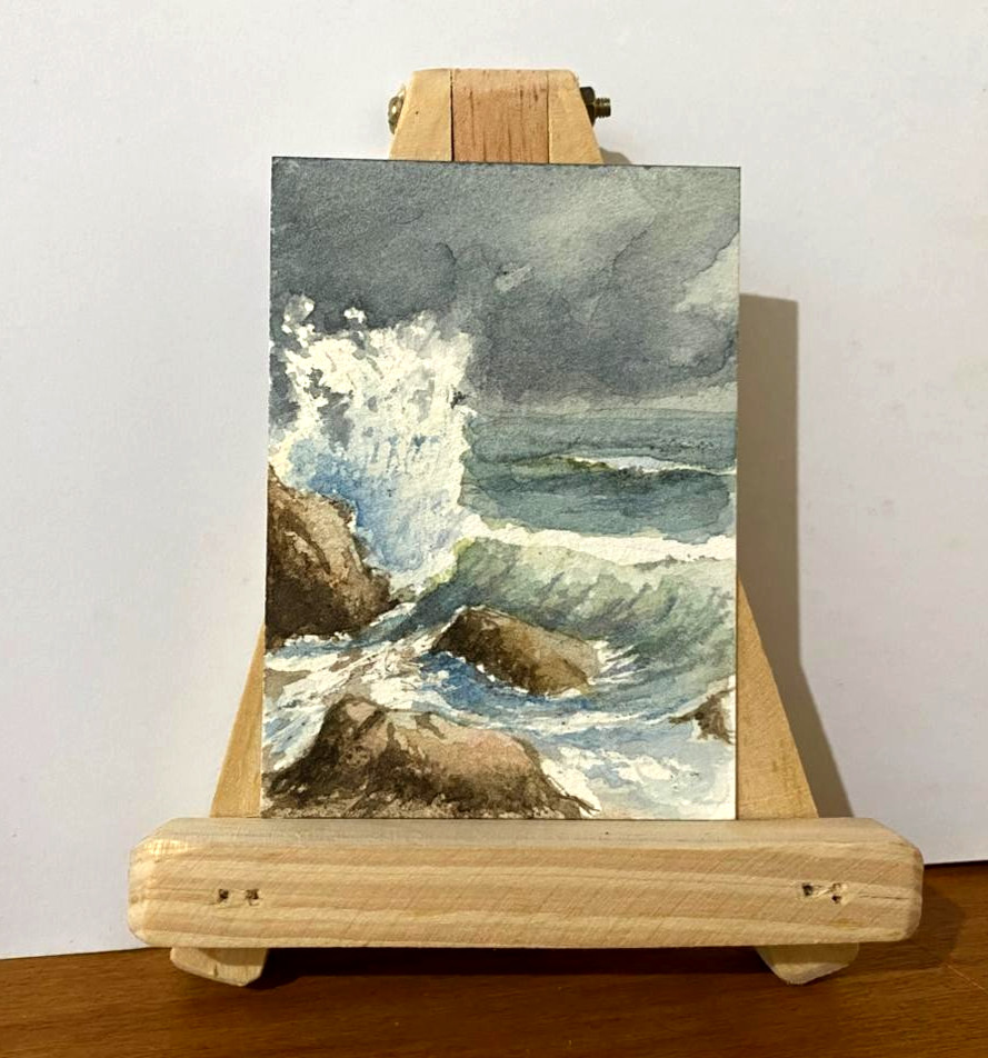 Original Watercolor ACEO OOAK Crashing Waves Stormy Ocean Seascape Miniature